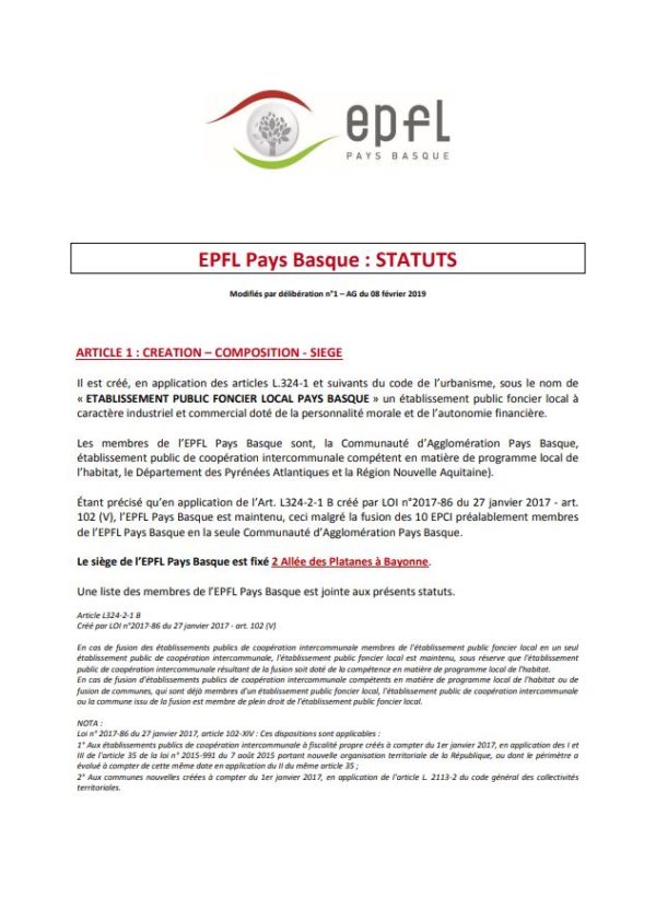 Les statuts de l'EPFL Pays Basque - Établissement Public Foncier Local ...